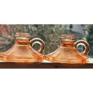 Vintage Jeanette Glass Co. Set Of Two Peach/pink Candleholders w/finger Loop
